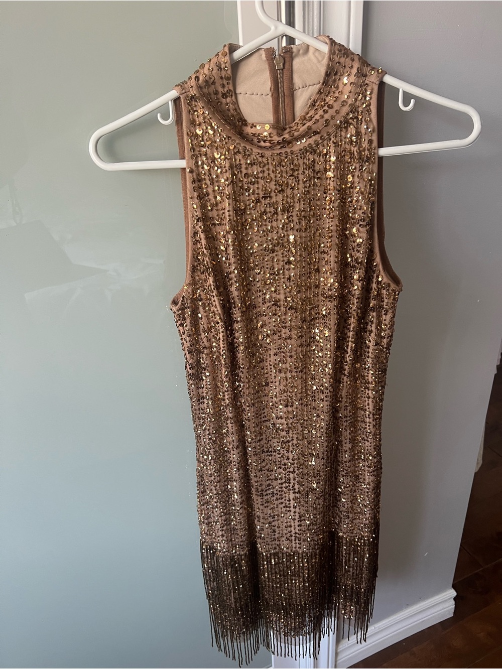 Sleeveless Gold Sequin Fringe Mini Dress